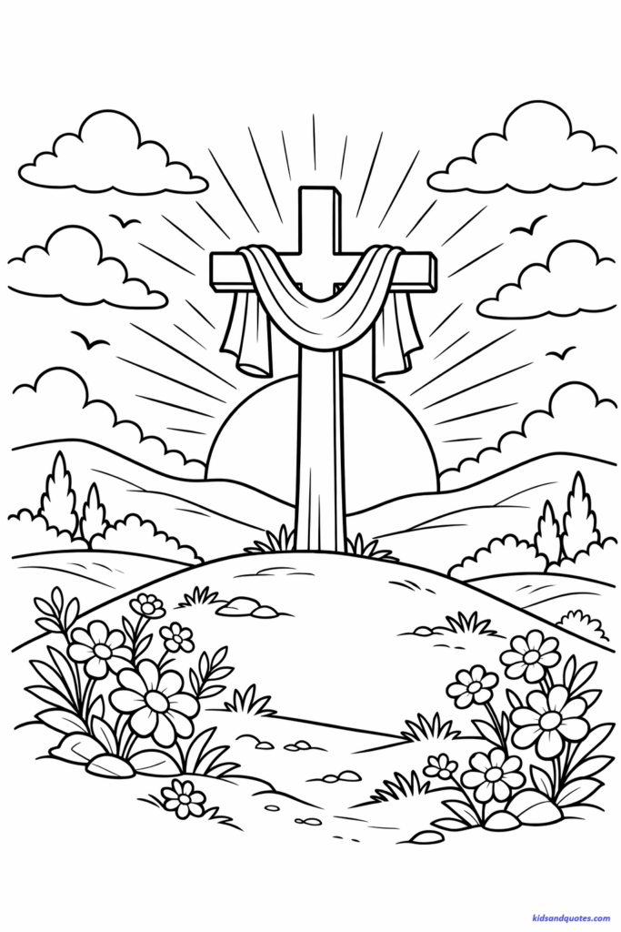 Lent coloring page: Cross on hill with rising sun. Flowers blooming at base. Symbol of new life. 