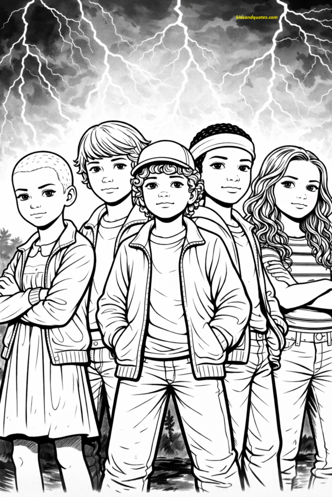 Coloring page of all main kids standing in a row like a friendly team photo.