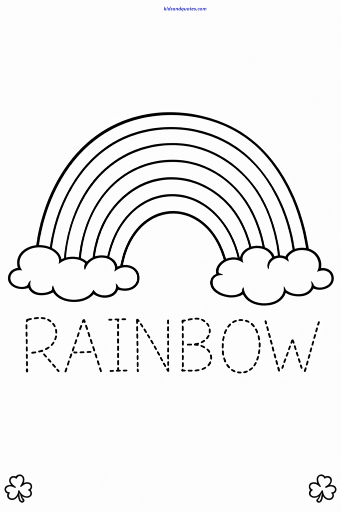 Free coloring page: Large rainbow with dotted trace letters spelling “RAINBOW”.