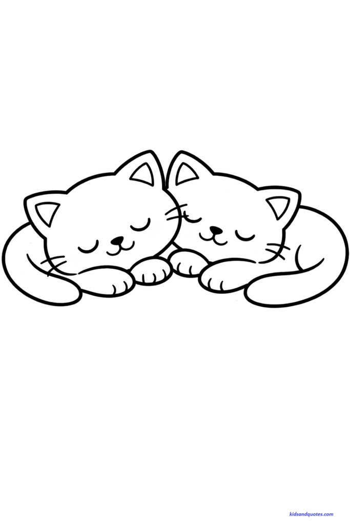 Free Cat Nap Coloring Page: Coloring page of Two small kittens sleeping side by side, simple facial expressions, thick outlines, very light detail.
