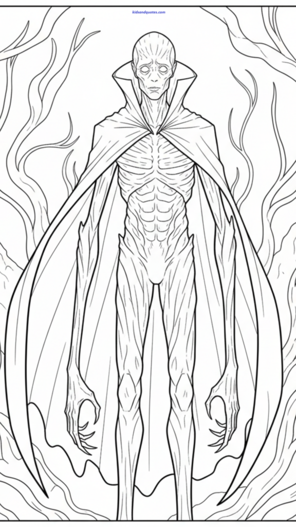Coloring page of Vecna standing calmly, simplified textures for coloring.