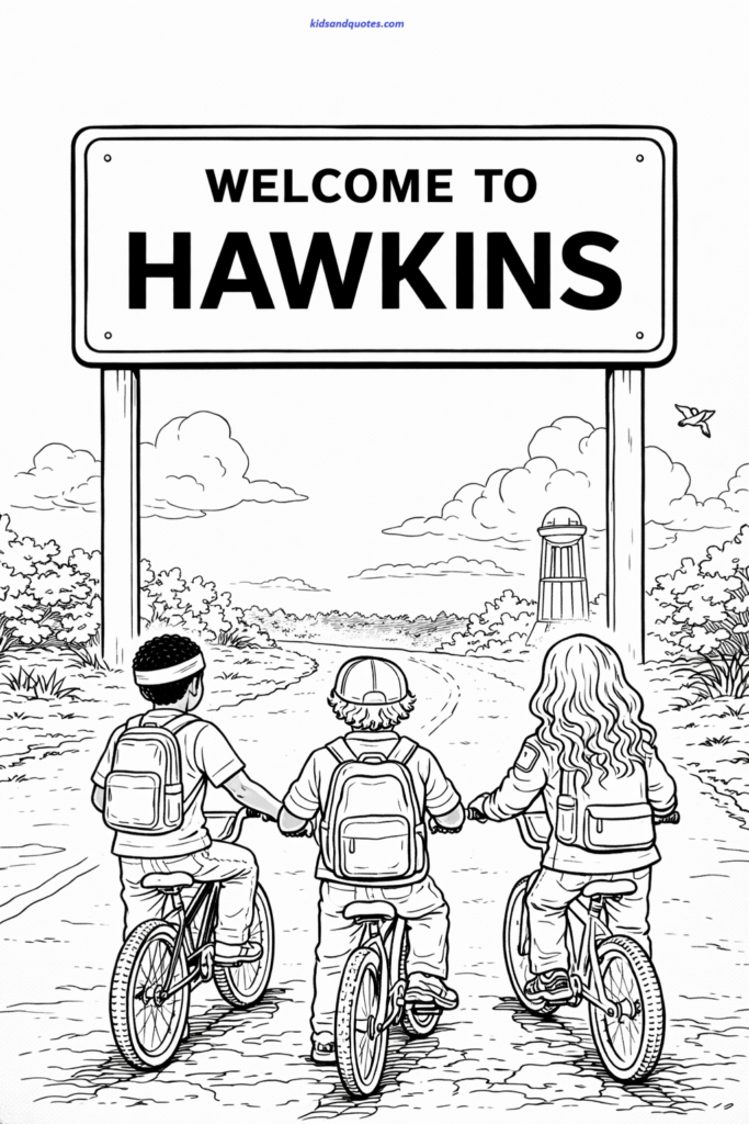 Coloring page of town sign with kids riding bikes below.