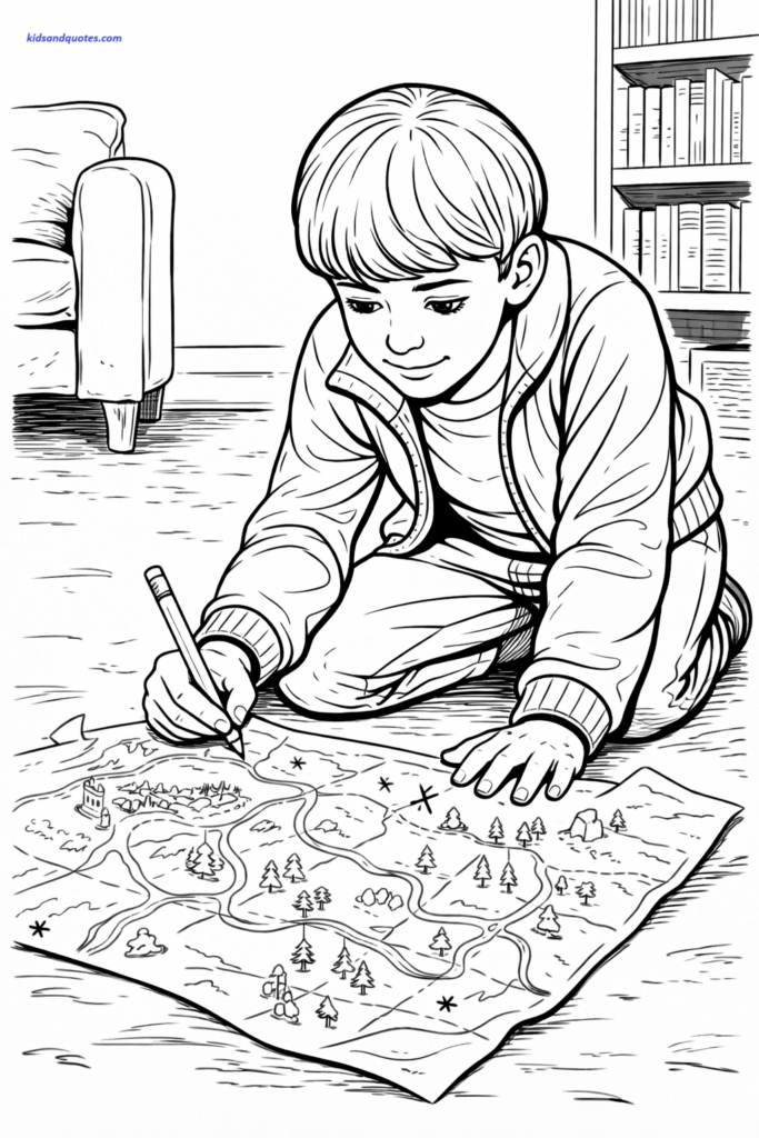 Coloring page of Will sketching on paper, focused expression.