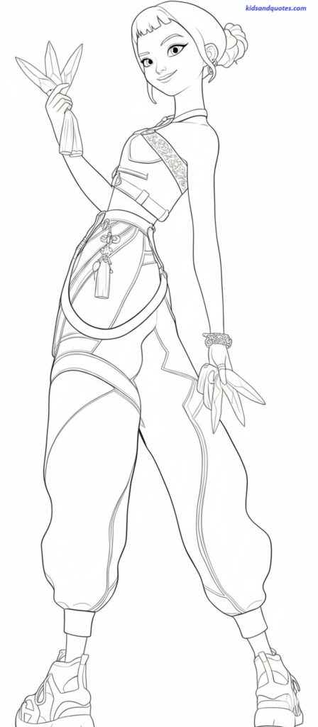 Free Kpop Demon Hunters Coloring Page: Zoey in a powerful demon hunter stance. 