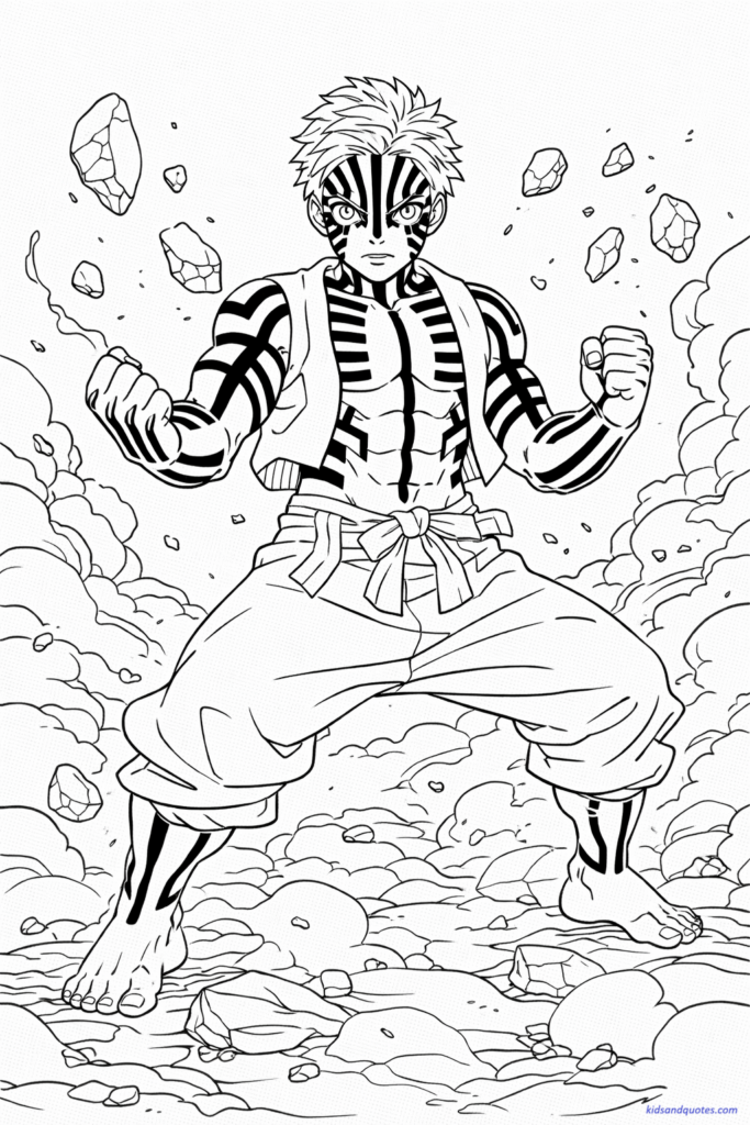 Akaza standing in a powerful stance showing detailed body markings, strong posture.
