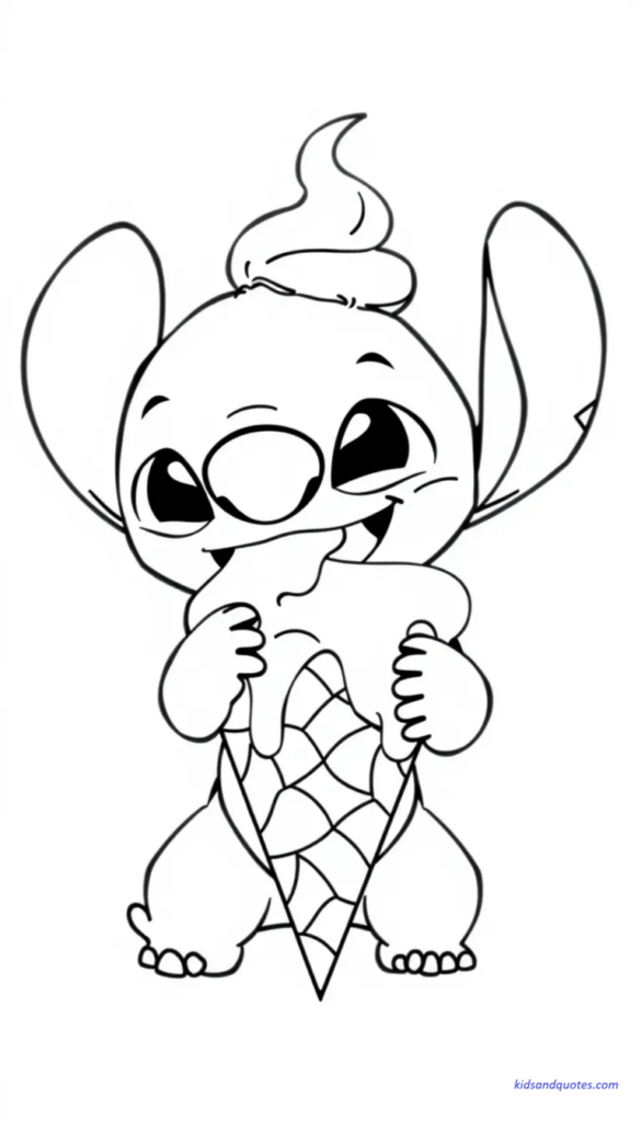 Coloring page of Baby Stitch eating a melting ice cream cone.
