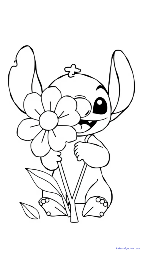 Baby Stitch holding a big flower.