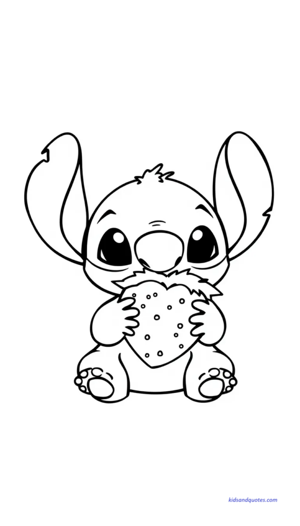 Baby Stitch eating or holding a strawberry.