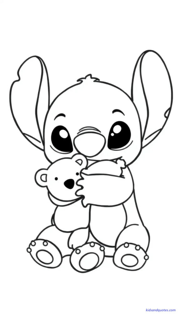 Coloring page of Baby Stitch hugging a plush teddy bear. 