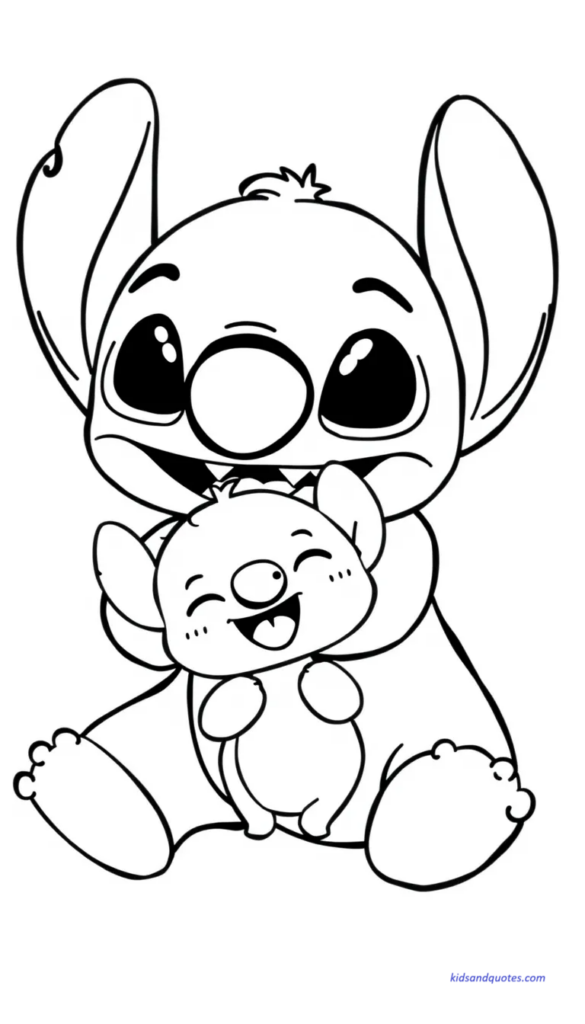 Coloring page of Baby Stitch hugging a small friend character.