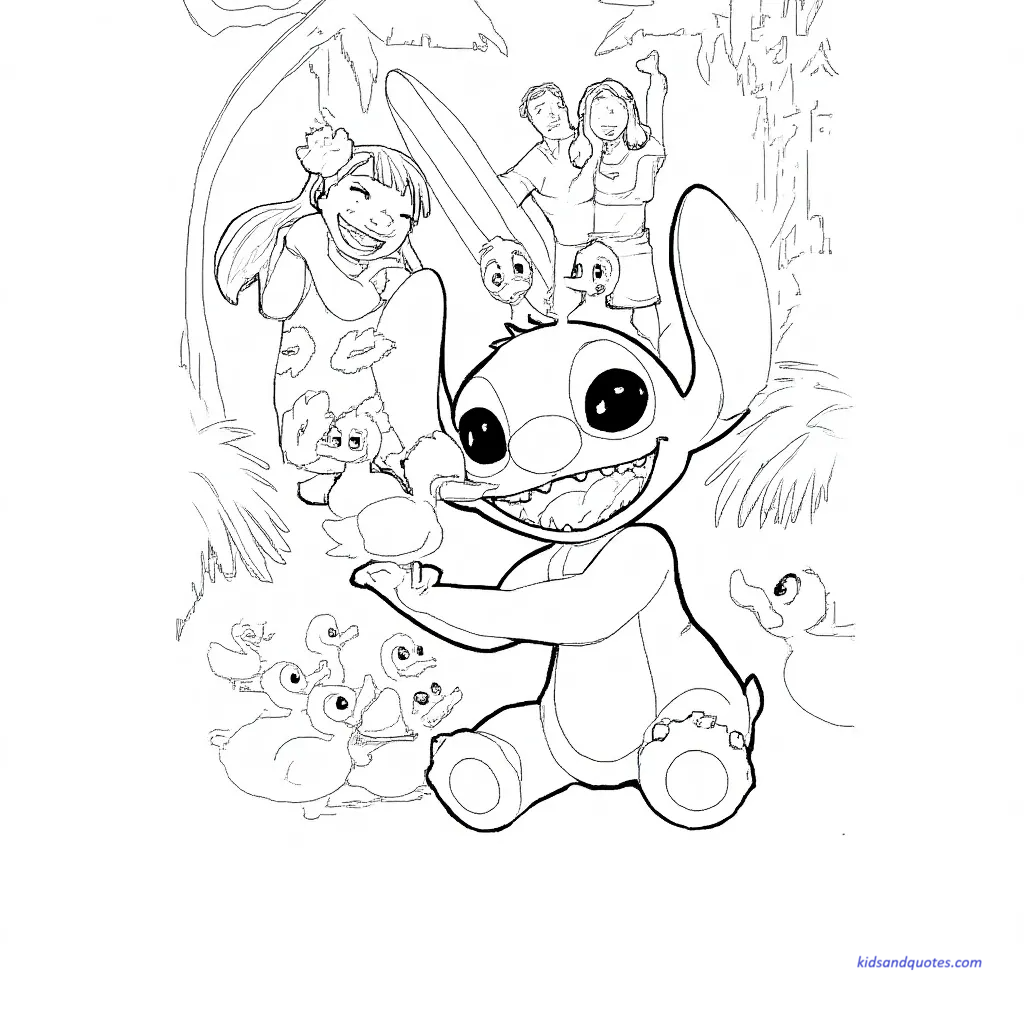 Coloring page of Baby Stitch sharing an “ohana” moment (family scene).