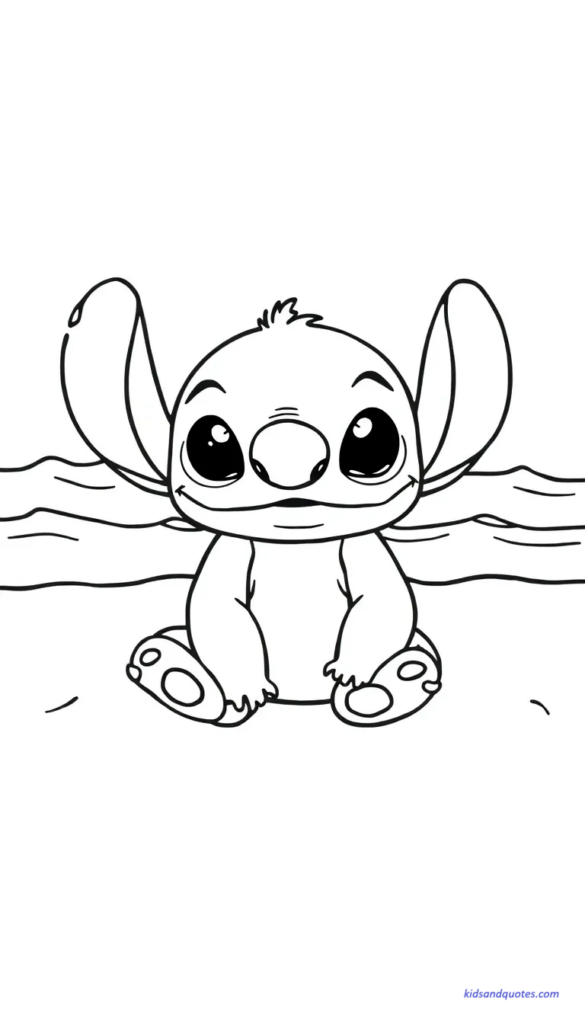 Baby Stitch sitting on sand at the beach.