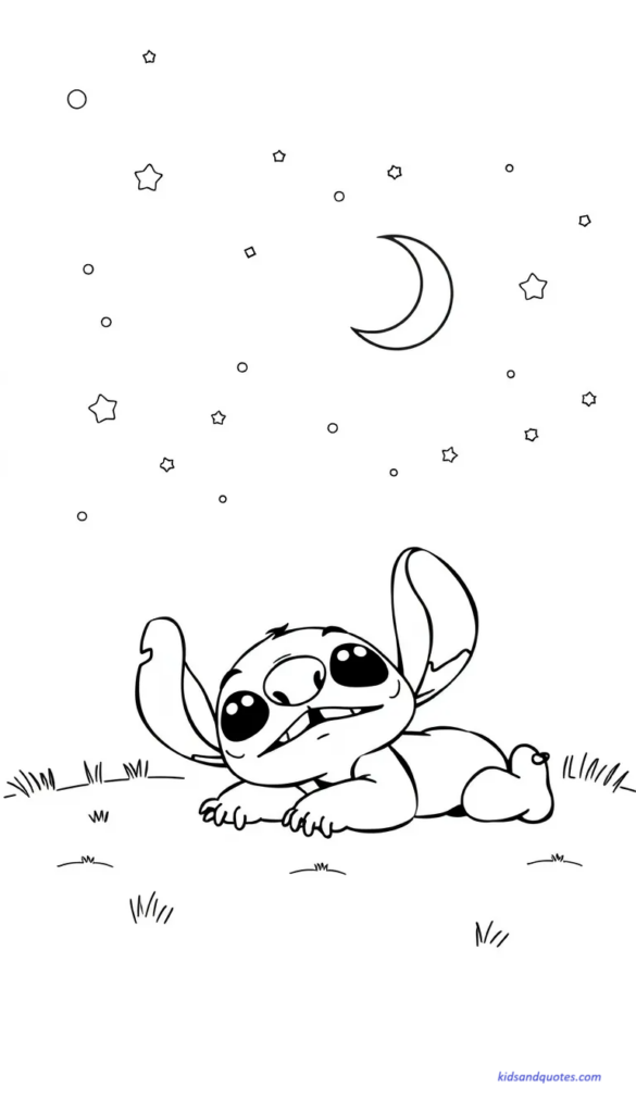 Printable coloring page of Baby Stitch lying under a sky full of stars and moon.