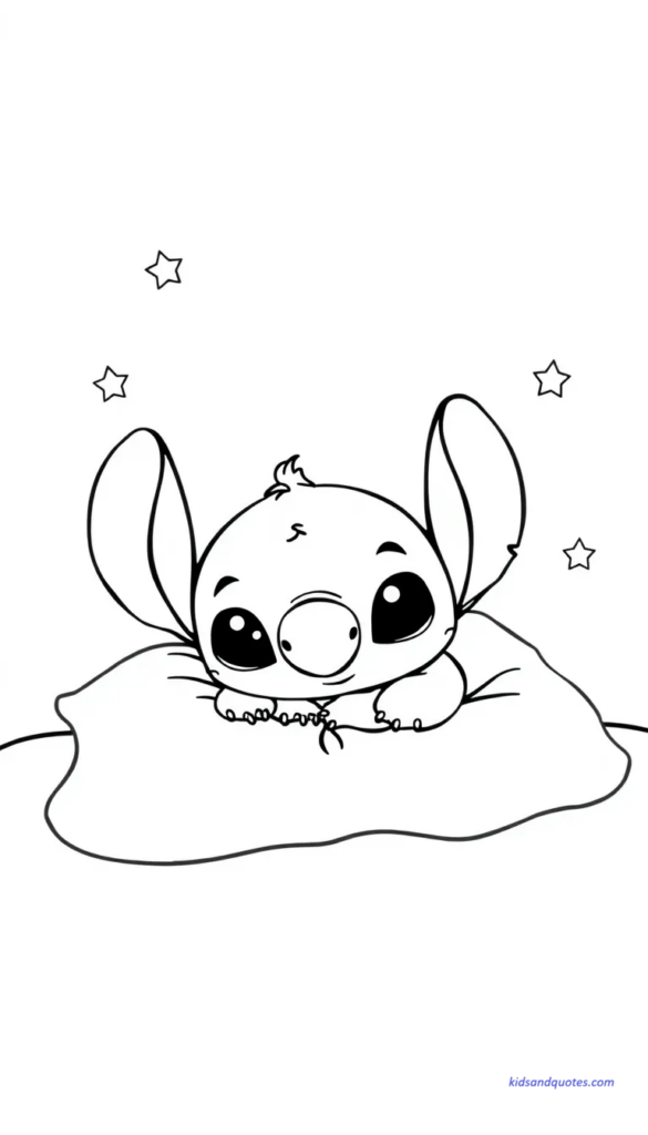 Coloring page of Baby Stitch bedtime scene with pillow and stars.