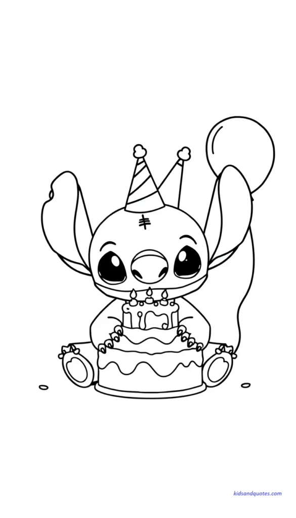 Baby Stitch in birthday setup with cake and balloons.