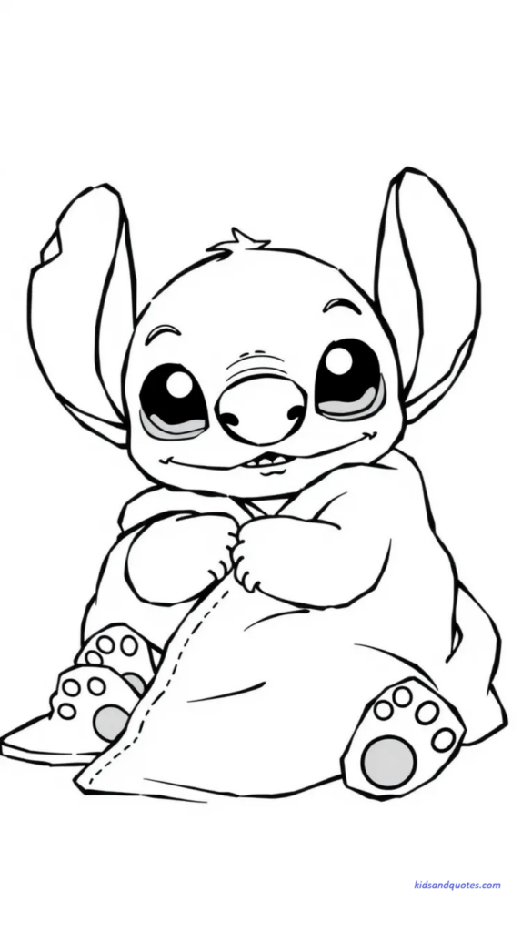 Free coloring page of Baby Stitch wrapped in a blanket cuddling.