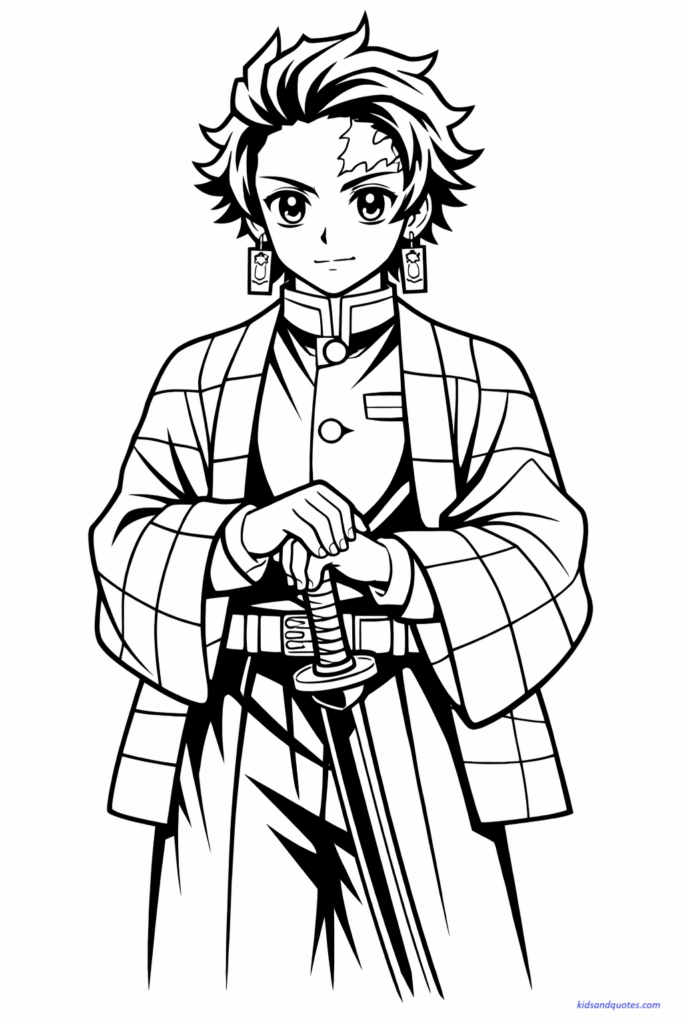 Tanjiro Kamado standing calmly holding his Nichirin sword, detailed hanafuda earrings visible, simple clothing folds.