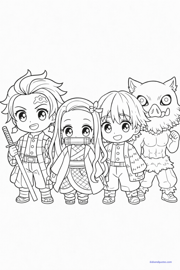 Chibi Tanjiro, Nezuko, Zenitsu, and Inosuke standing together, balanced composition.