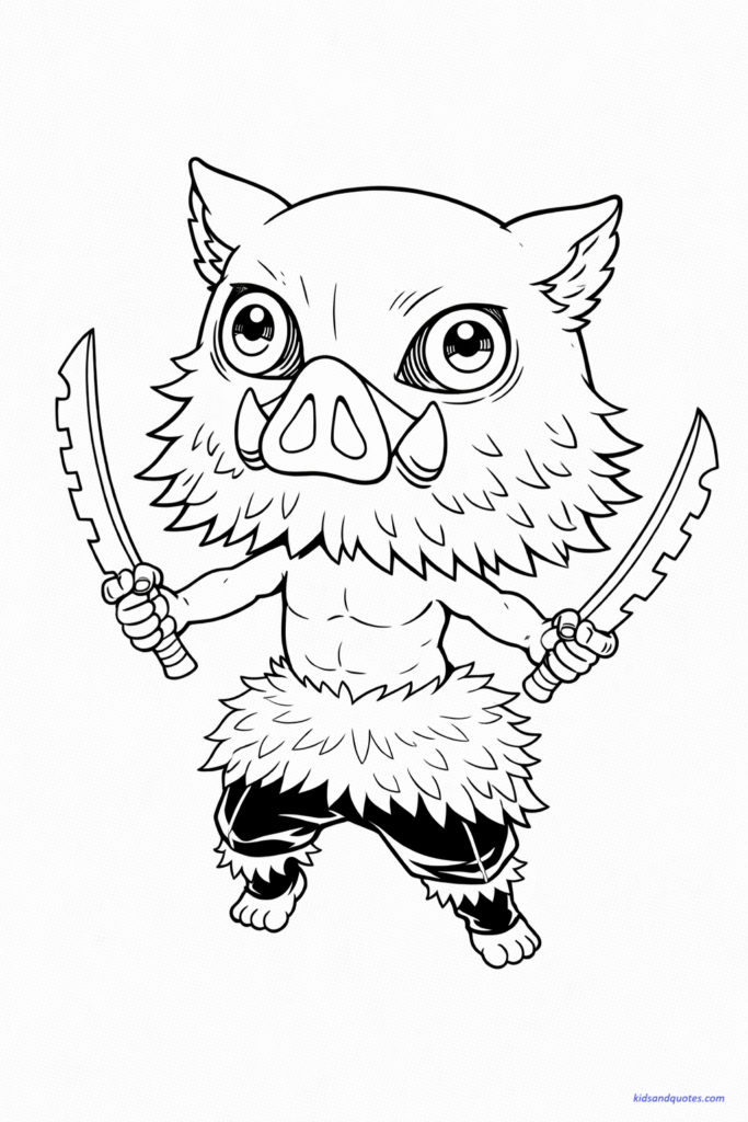 Chibi Inosuke with oversized boar mask and small body, playful stance.