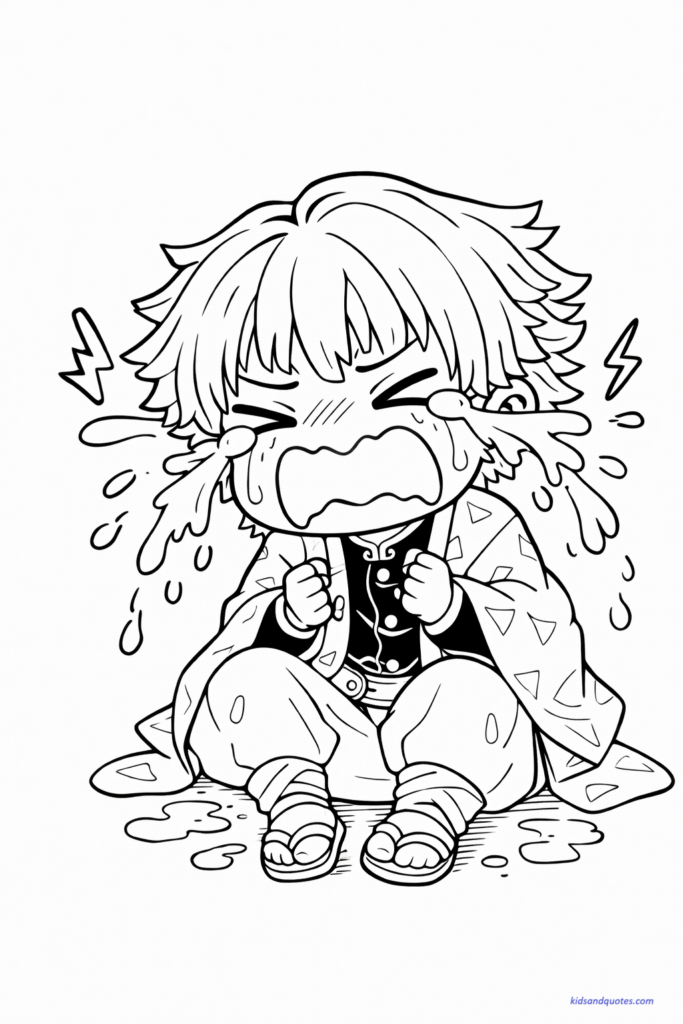 Chibi Zenitsu crying dramatically with exaggerated expressions, cartoon style.