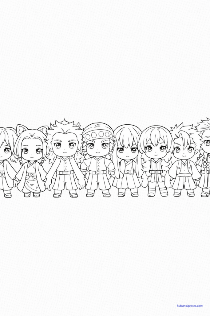 Chibi versions of multiple Hashira characters standing in a row.