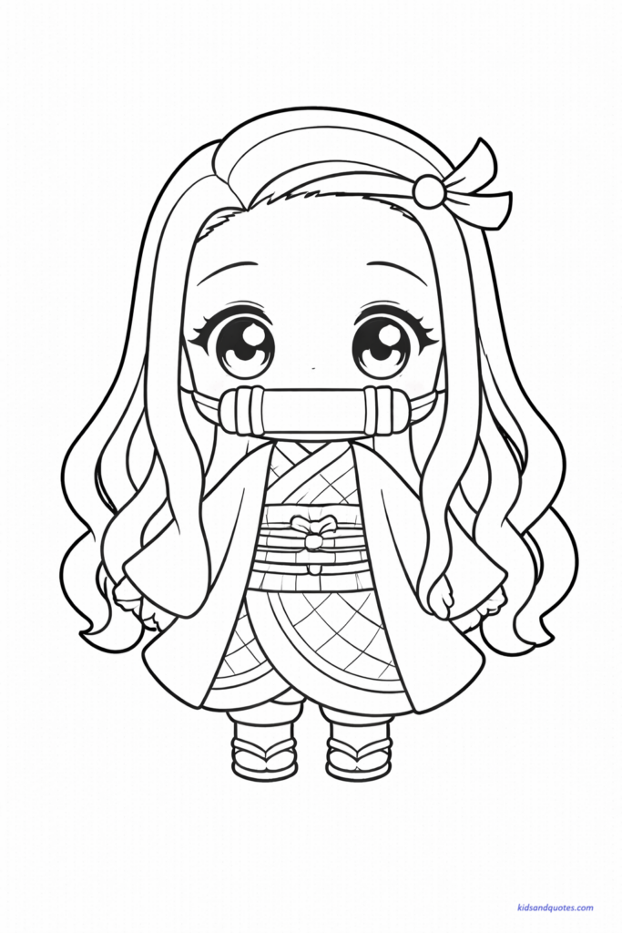 Very simple chibi Nezuko with minimal details and large shapes, beginner-friendly coloring page.
