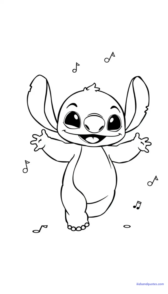 Baby Stitch dancing happily with music notes.