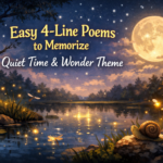 Easy Poems to Memorize 4-lines: Illustrated nighttime scene with a glowing moon, fireflies over a calm pond, an owl on a tree, and a snail on a rock.