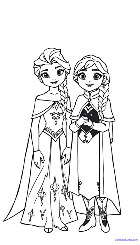 Elsa princess standing next to Anna both smiling.