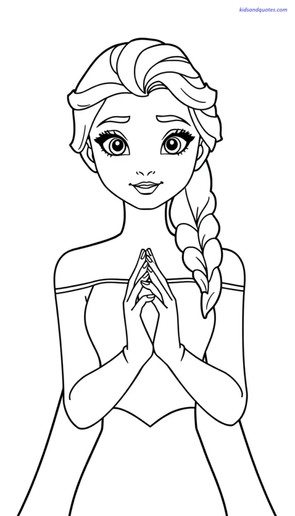 Free printable PDF: Elsa princess with hands gently together in front, calm expression.