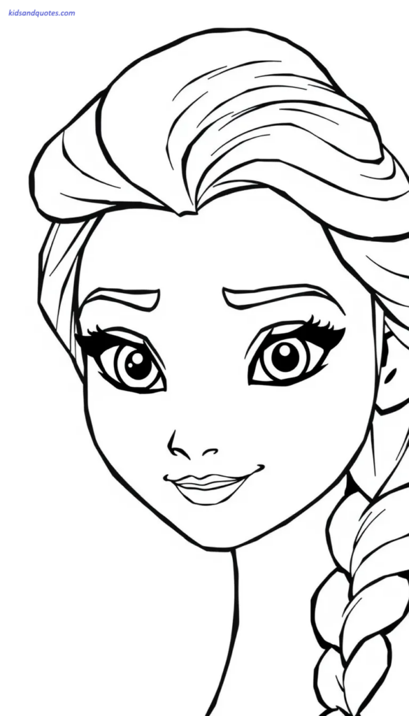 Close-up portrait of an Elsa princess face with simple braid hairstyle, large expressive eyes.
