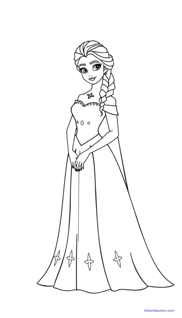 Elsa wearing a simple coronation-style dress, minimal pattern details, clean outlines.
