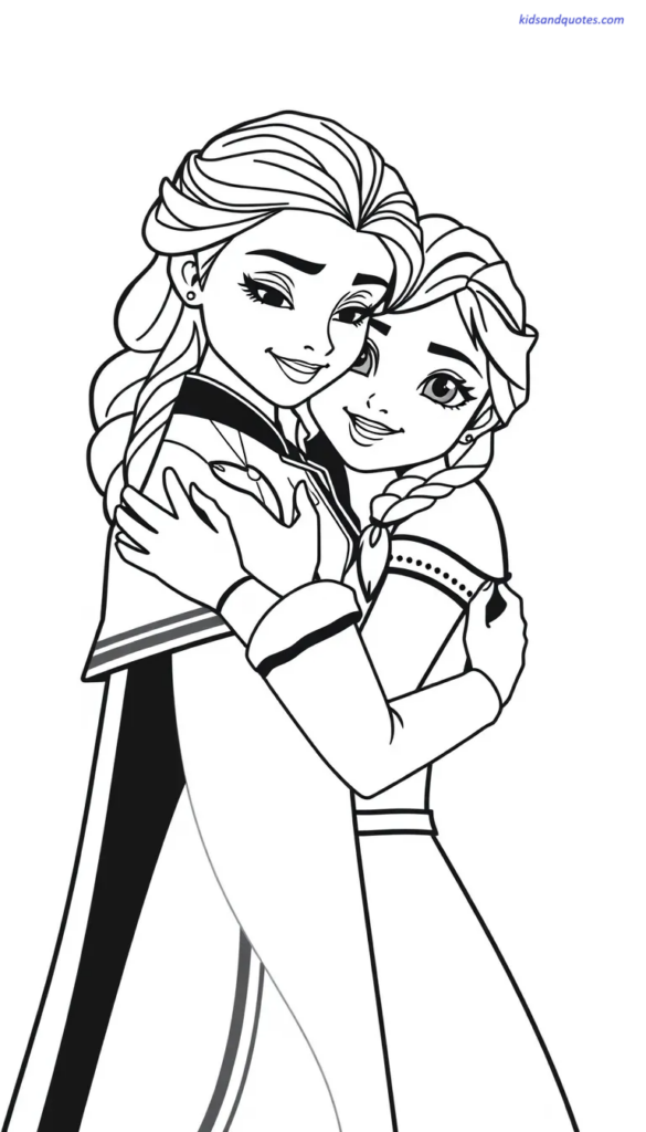Easy coloring page: Elsa princess hugging Anna-inspired character, emotional but simple pose.