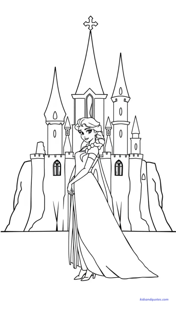 Elsa standing in front of a simple ice castle outline.