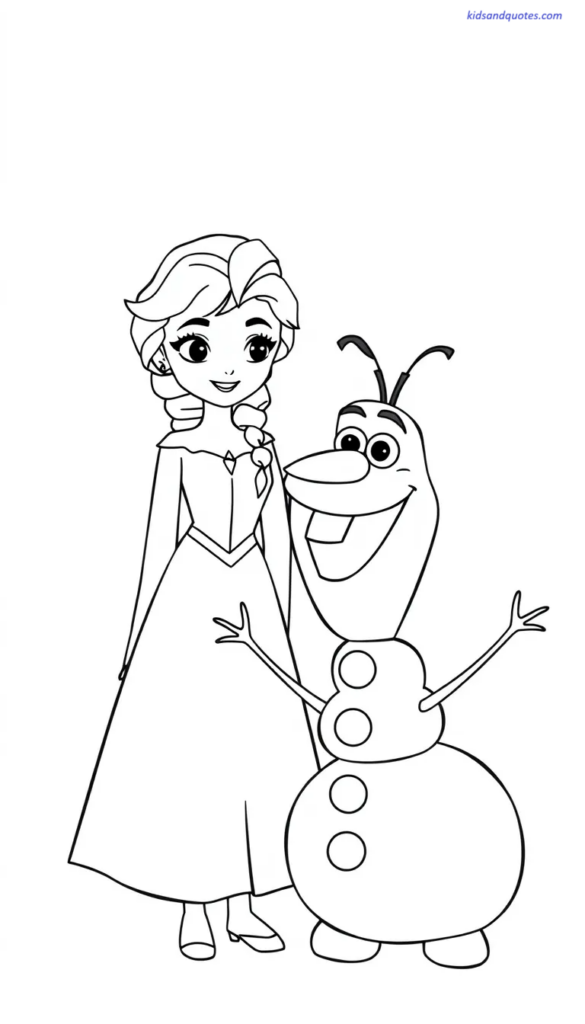Elsa standing beside a simple snowman character, playful composition.