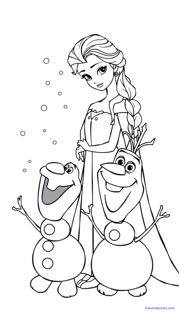 Elsa princess with snowman character and light snow falling.
