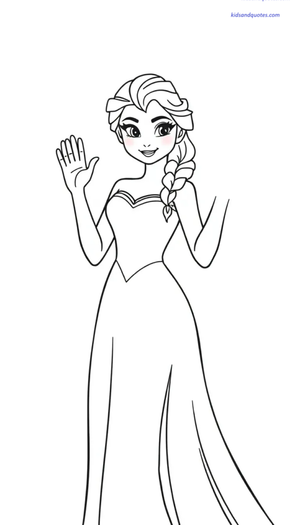 Free Easy Elsa Coloring Page: Easy Elsa princess waving hand in a friendly pose.