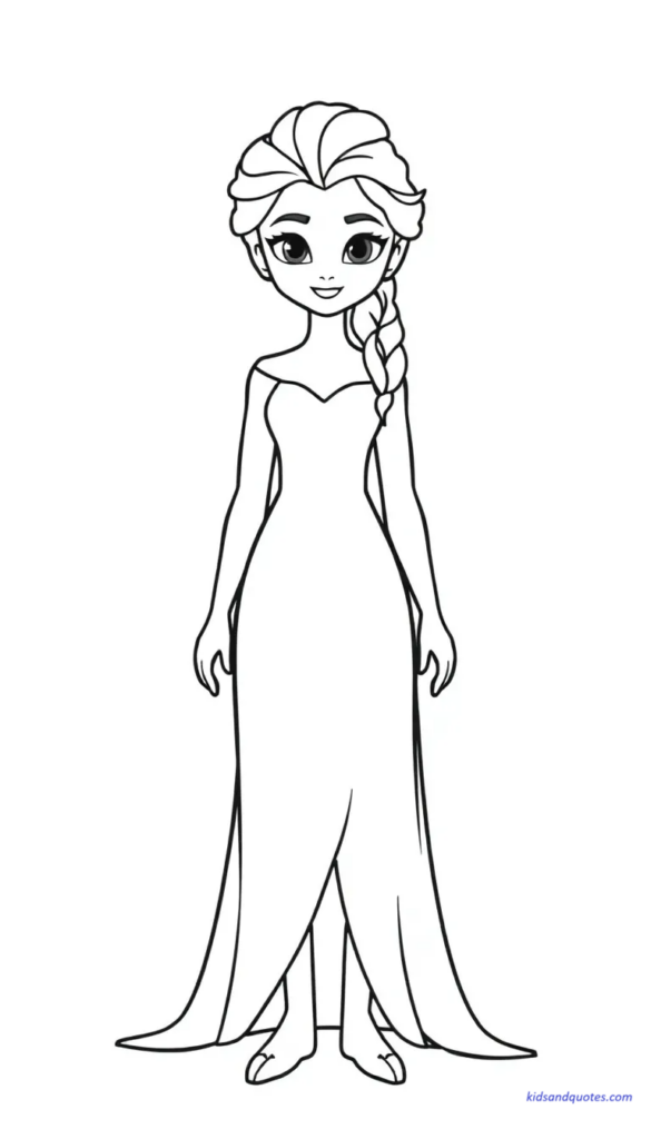 Free coloring sheet: Elsa princess standing in a simple front-facing pose, relaxed posture.
