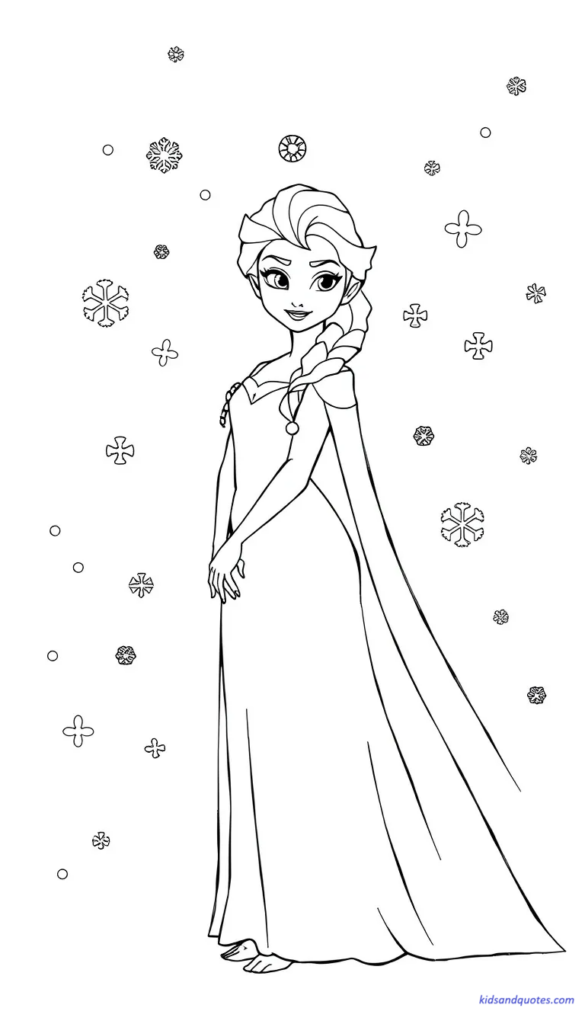 Elsa princess standing with scattered simple snowflakes around.