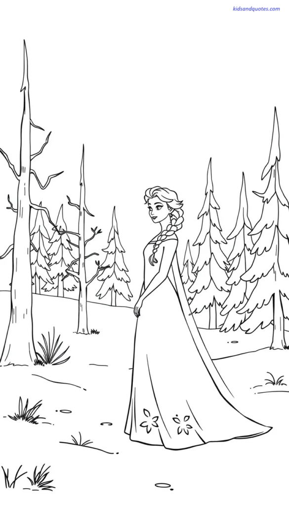 Printable coloring page of Elsa in a simple snowy forest with a few trees.