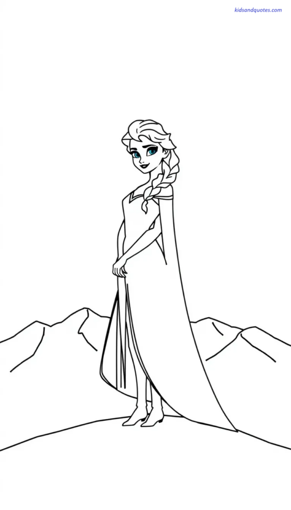 Elsa standing on a simple snowy hill or mountain.