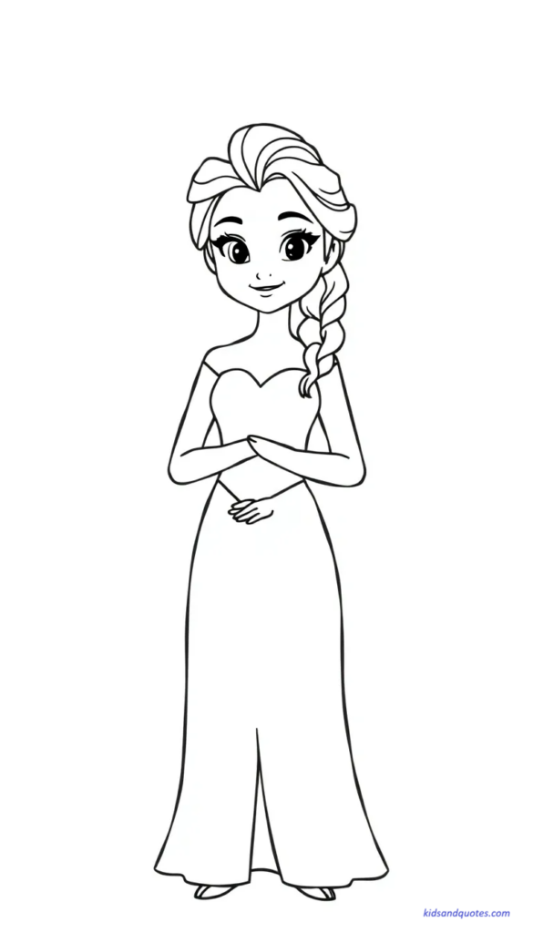 Free printable coloring pages: Elsa princess character standing and smiling gently, simple dress, minimal details.