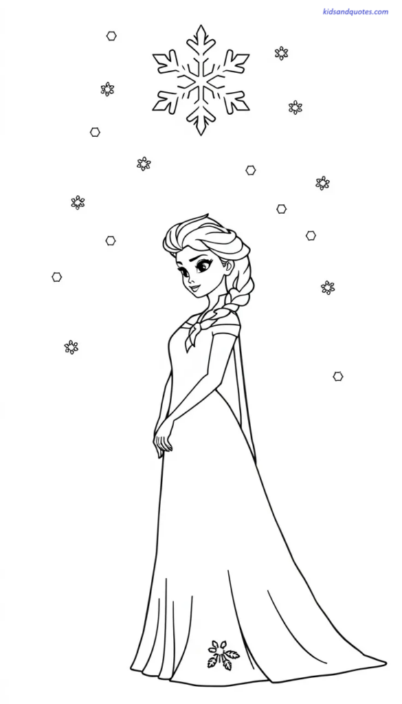 Elsa standing under falling snow, simple snowflake shapes.