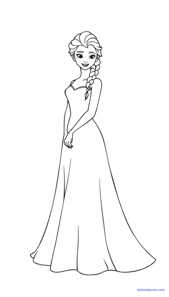 Elsa n a simple flowing gown, minimal folds, high white space, bold outlines.