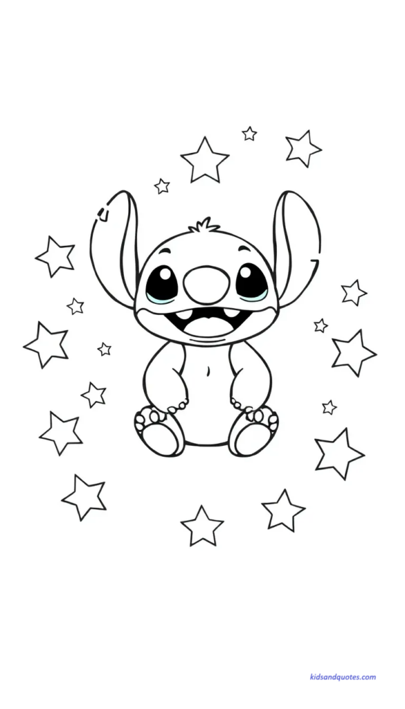 Baby Stitch surrounded by floating stars.