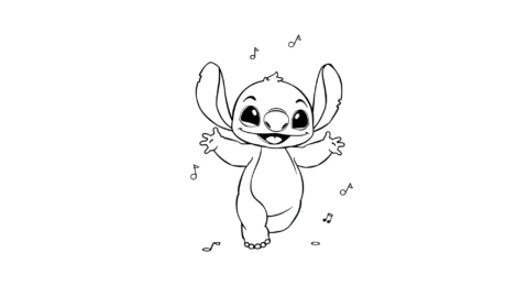 Black and white coloring page of Baby Stitch dancing happily with arms open, surrounded by musical notes.