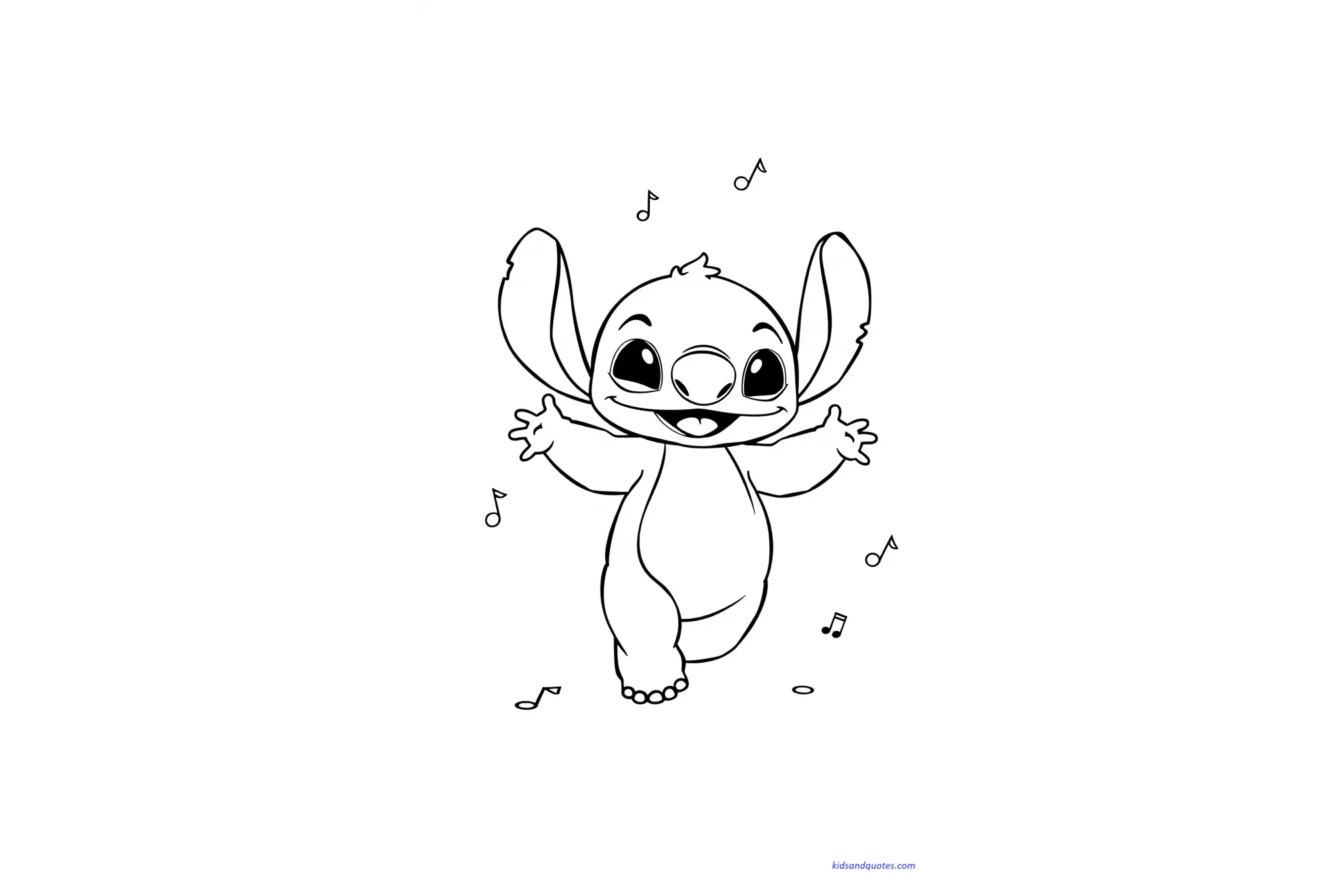 Black and white coloring page of Baby Stitch dancing happily with arms open, surrounded by musical notes.