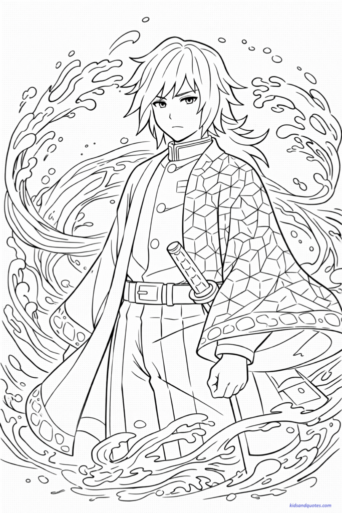 Giyu Tomioka standing with flowing water patterns around him, calm expression.