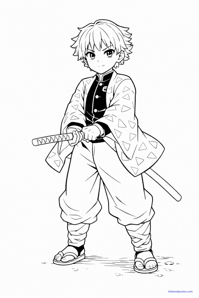 Zenitsu standing confidently with sword ready, simple pose.