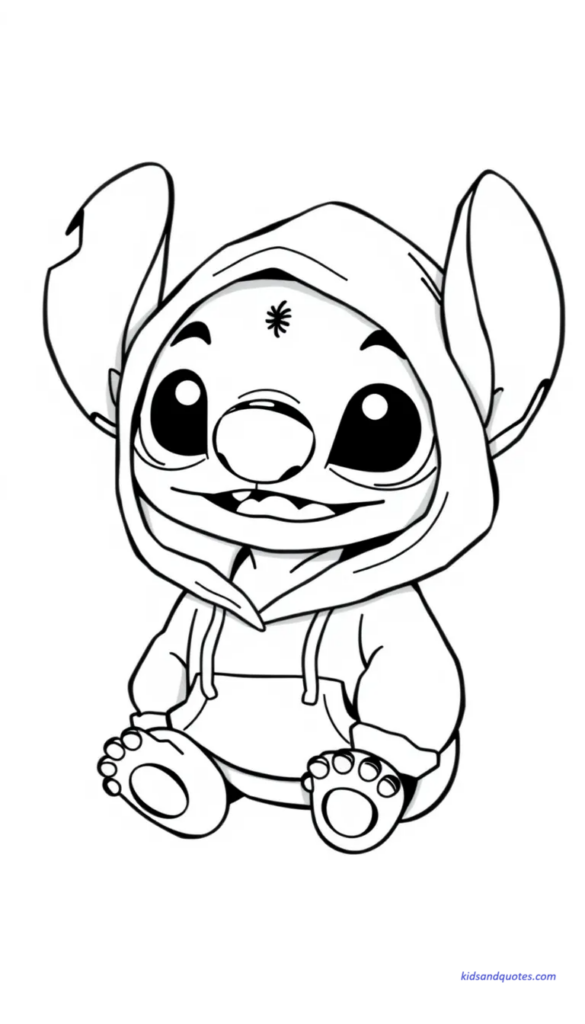 Printable coloring sheet of Baby Stitch wearing an oversized cozy hoodie.